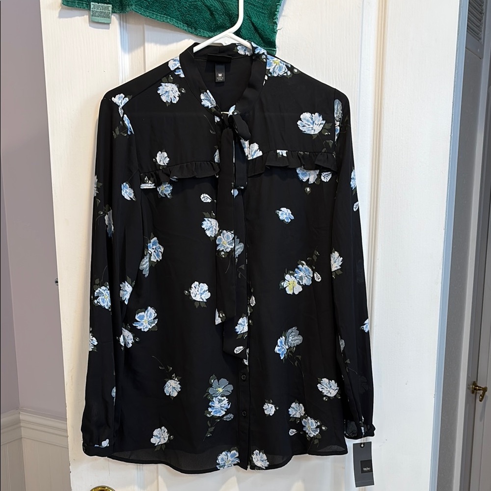 NWT Mossimo Supply Co. Black Tie Front Bib Collar Blouse